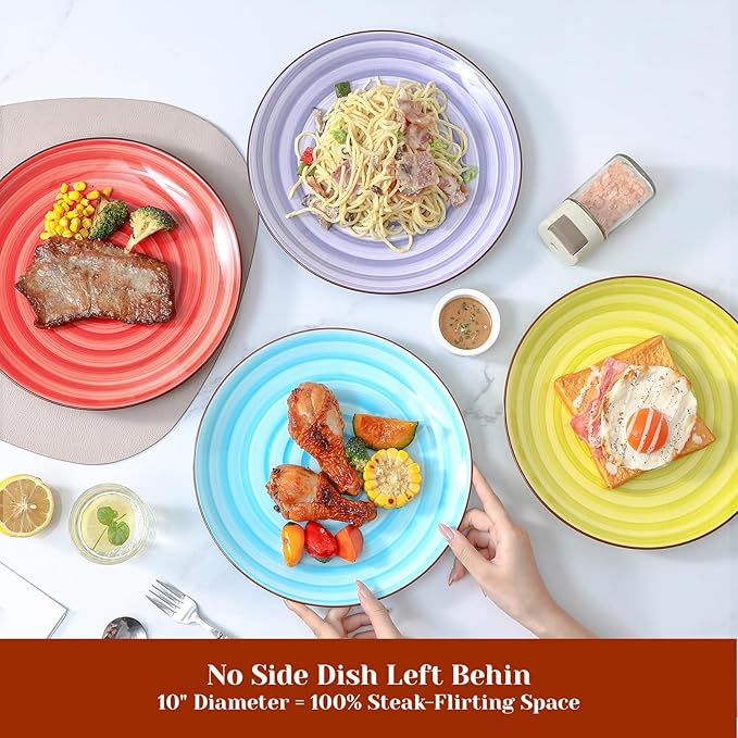 KitchenTour Ceramic Dinner Plates,10 Inch Colorful Salad Plates Set of 6, Serving Plates for Dessert, Pasta, Steak, Dishwasher and Microwave Safe