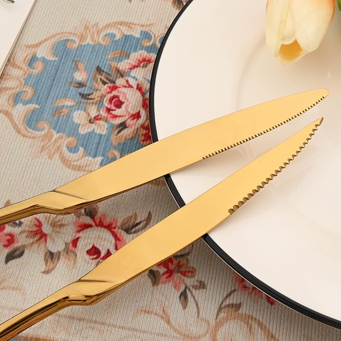 24-Piece 304 Silverware Set, Mirror Polish Serving Flatware Cutlery Set Include Steak Knife Fork Spoon, Wedding Kitchen Restaurant Utensils Daily Use, Service For 4, Gold