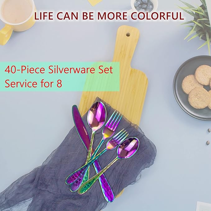 Rainbow Flatware Cutlery Silverware Set 40 Pieces, 18/10 Stainless Steel Colorful Utensils, Tableware Flatware Set Service for 8, Include Knife/Fork/Spoon, Mirror Polished, Dishwasher Safe (Rainbow)…