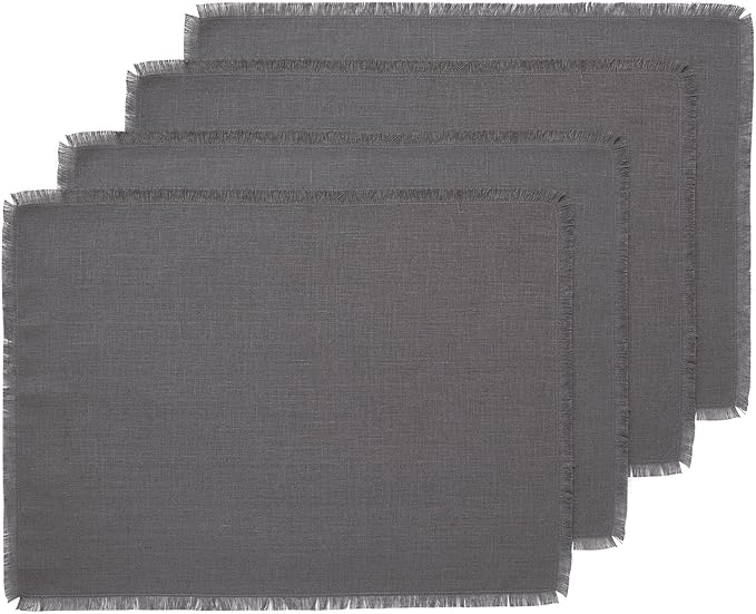 Solino Home Linen Fringe Cloth Placemats Set of 4-100% Pure Linen Charcoal Placemats 14 x 19 Inch for Winter, Christmas, Holiday, New Year - Handcrafted and Machine Washable