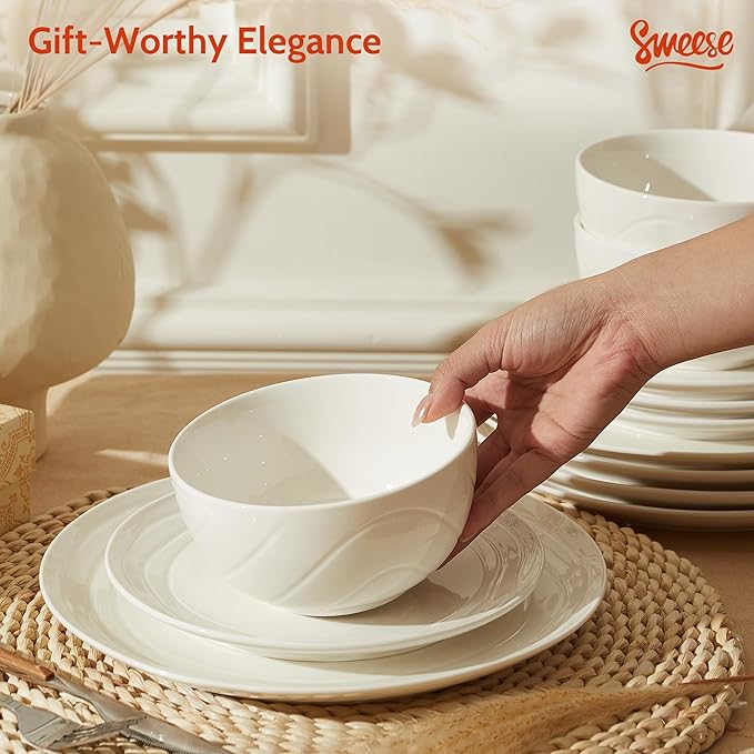 Sweese Porcelain Dinnerware Sets for 6, 18 Pieces Ceramic Plates and Bowls Sets, Handcrafted Minimalist Dinner Set, Chip and Scratch Resistant Dish Set, Dishwasher & Microwave Safe, White