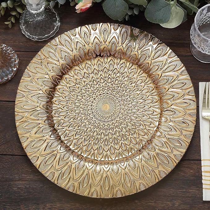 Efavormart 6 Pack | 13" Gold Embossed Peacock Design Plastic Serving Plates, Round Disposable Charger Plates