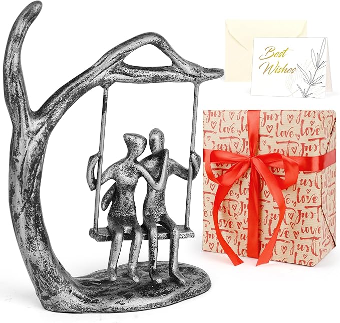 Anniversary Wedding Gifts for Couple/Her - Romantic Couple Statue in Love, Antique Silver Metal Figurine Sweet Loving Together Iron Sculpture Decor, Gifts for Wife Husband Christmas