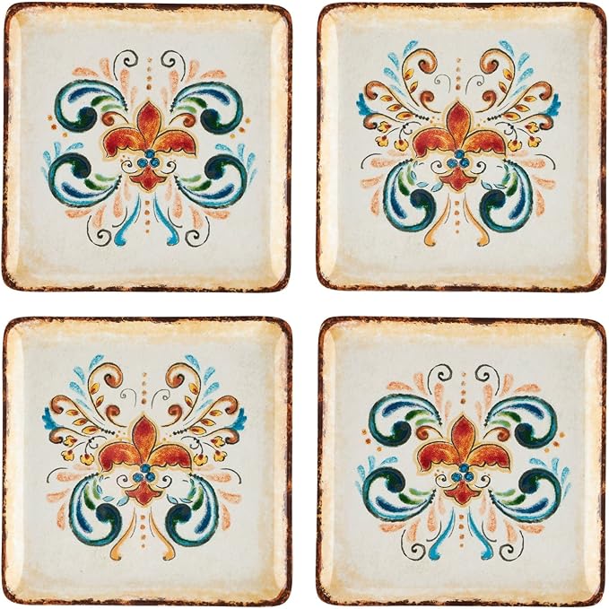 UP UPware Tuscany Melamine Square Dessert Plates, Small Serving Plates, for Appetizer, Snacks, and Side Dishes, Multicolor, 5.88 Inch, Set of 4