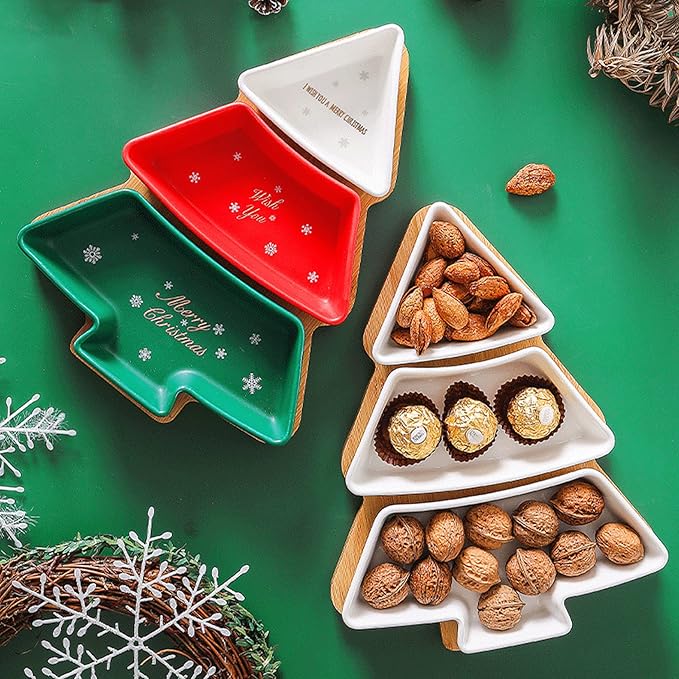 Colorful 11.6 Inches Big Colorful Snack Appetizer Trays Set, Christmas Tree Dessert Serving Dishes, Snack Platter, 3 pcs Removable Porcelain Plates with Bamboo Tree Tray