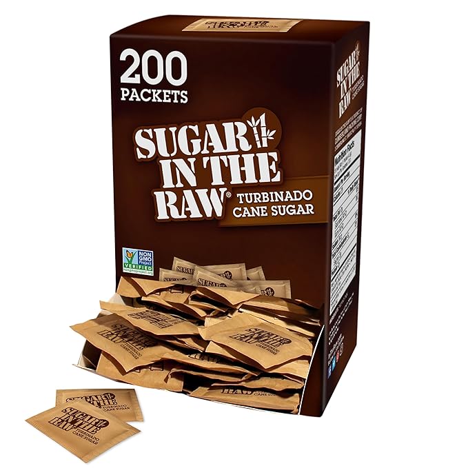 In The Raw Turbinado Cane Sugar Packets, 200 Ct Box, 1 Pack, Pure, All-Natural Turbinado Sugar, Non-GMO Project Verified, Kosher, Vegan and Gluten Free