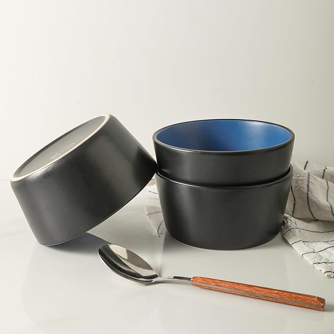 Stone Lain Albie Stoneware 16-Piece Modern Dinnerware Set, Kitchen Plates and Bowls Sets, Service for 4, Blue and Black, Microwave & Dishwasher Safe