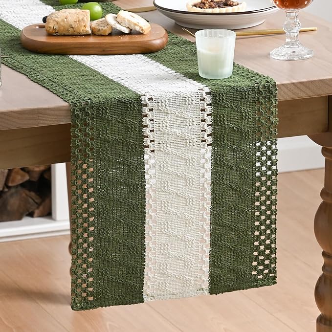 Artoid Mode Army Green Farmhouse Rustic Table Runner, Seasonal Hollow Kitchen Dining Table Decoration for Home Party Decor 12x108 Inch