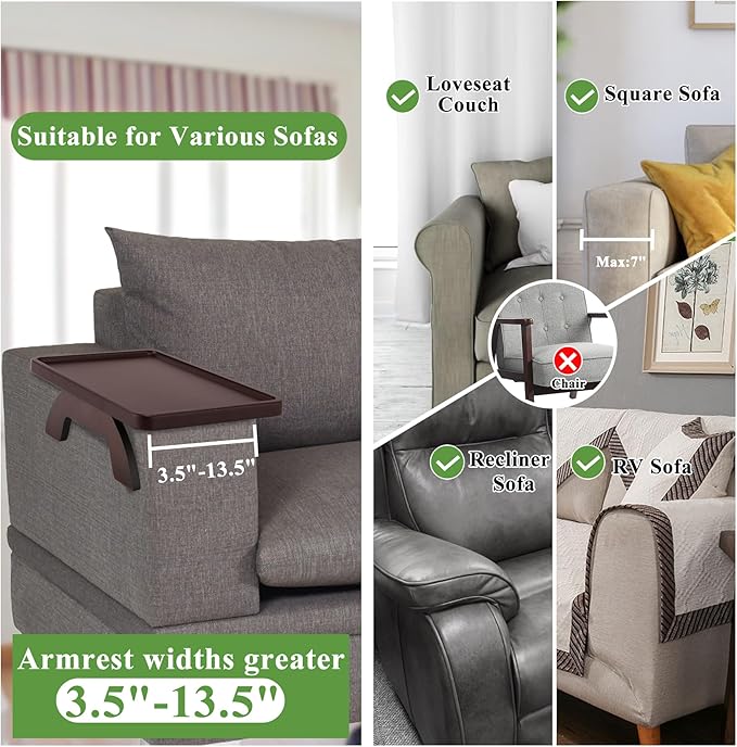 SINWANT Couch Arm Table,Bamboo Sofa Arm Clip on Tray Tables,Couch Armrest Table Suitable for Home Drinks/Eat/Fruit, Snack Chair Tray for Drink Eating