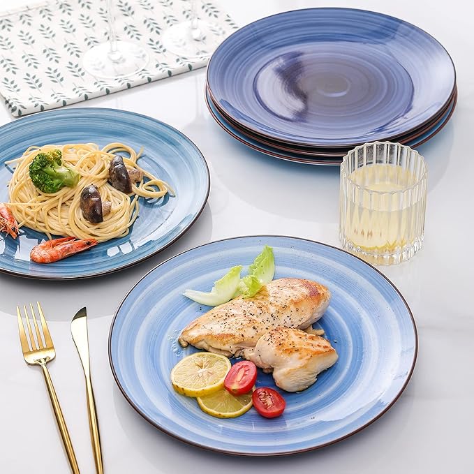 KitchenTour Large Ceramic Dinner Plates, 10 Inch Porcelain Serving Plate for Salad, Dessert Pizza Steak Pasta Plates Set, Dishwasher and Microwave Safe - Set of 6, Assorted Cool Colors