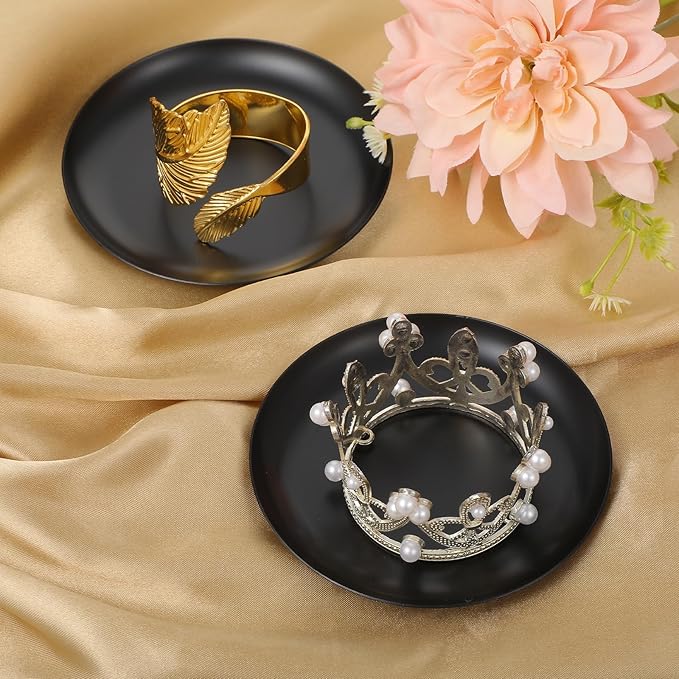 2 Pcs Round Decorative Tray, 4 Inch Black Perfume Tray Coffee Table Decor Small Stainless Steel Serving Trays Bathroom Accessories Candle Trays for Bathroom Countertop Table Centerpieces