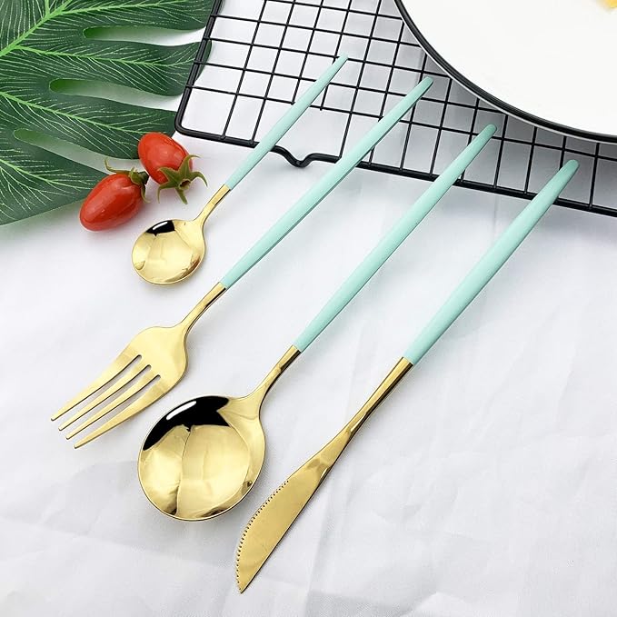 JASHII 24 Piece Titanium Mint Green Plated Stainless Steel Flatware Set,Mint Green Handle With Gold Mouth Utensils Set, Cutlery Set Service for 6