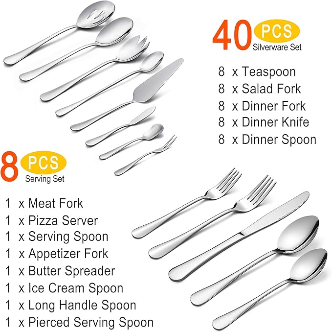 LIANYU 48-Piece Flatware Set Service for 8 with 2 Large Serving Spoons, 2 Slotted Serving Spoons, 2 Serving Forks, Stainless Steel Buffet Catering Party Banquet Serving Spoons Forks Set