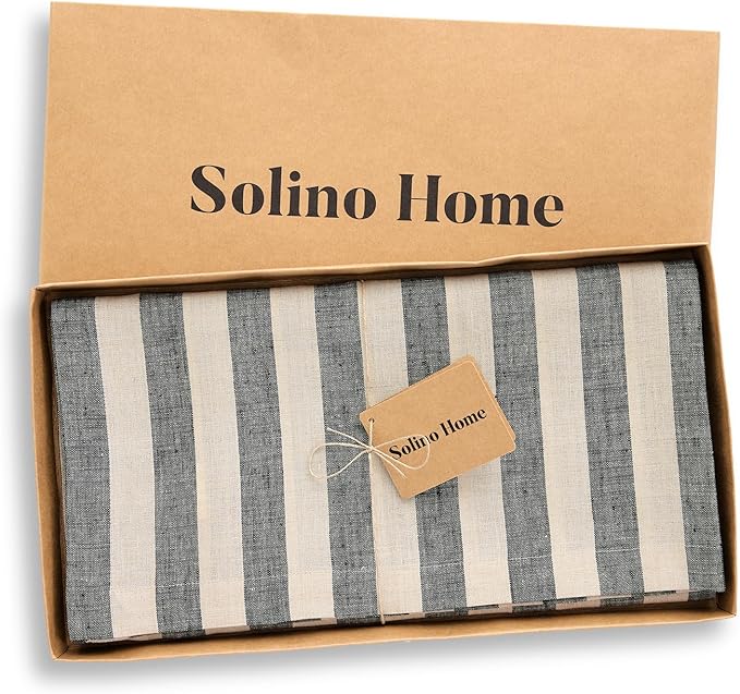 Solino Home Linen Square Tablecloth 52 x 52 Inch - Sorrento Stripe, 100% Pure Linen Black and Natural Table Throw - Machine Washable Tablecloth