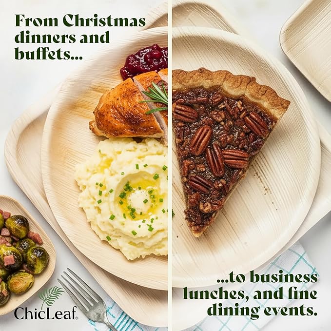 Chic Leaf 100% Compostable Disposable Palm Leaf Tray - Paper Plates Alternative - Disposable Charcuterie Boards Accessories - Round Bamboo Plates Christmas & Holiday Dinner (12'', 25 Count)