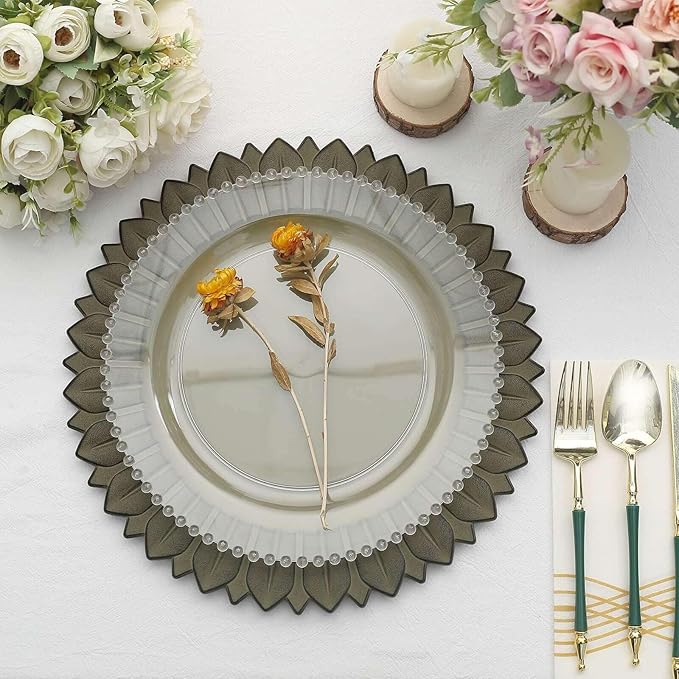 13" Charger Plates - Set of 12 - Matte Olive Green Sunflower Plastic Chargers, Disposable Round Acrylic Serving Trays For Dinner Wedding Party Events