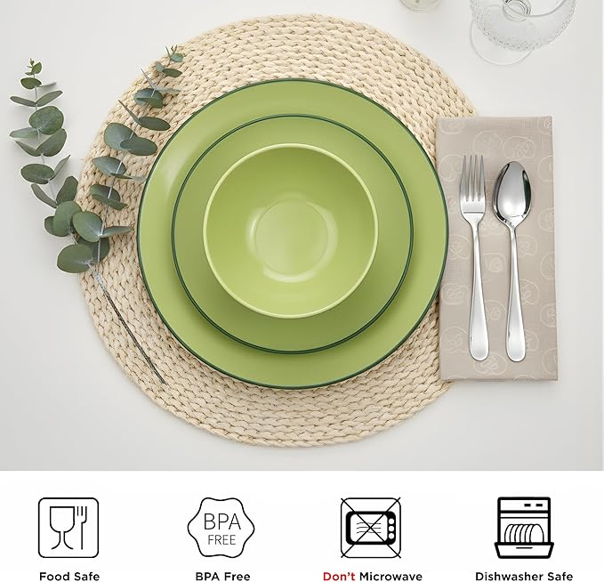 TP 12-Piece Dinnerware Set, Melamine Dishes Set with Bowls and Plates, Non-breakable and Lightweight Dinner Service for 4, Avocado Green