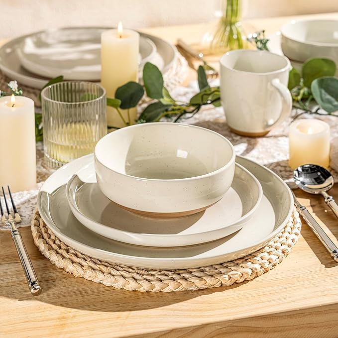 GBHOME 24-Piece Ceramic Dinnerware Set for 6, Handpainted Plates, Pasta Bowls & Bowls Set with Rustic Terracotta Underside, Scratch-Resistant, Dishwasher & Microwave Safe,Speckled Glaze Beige