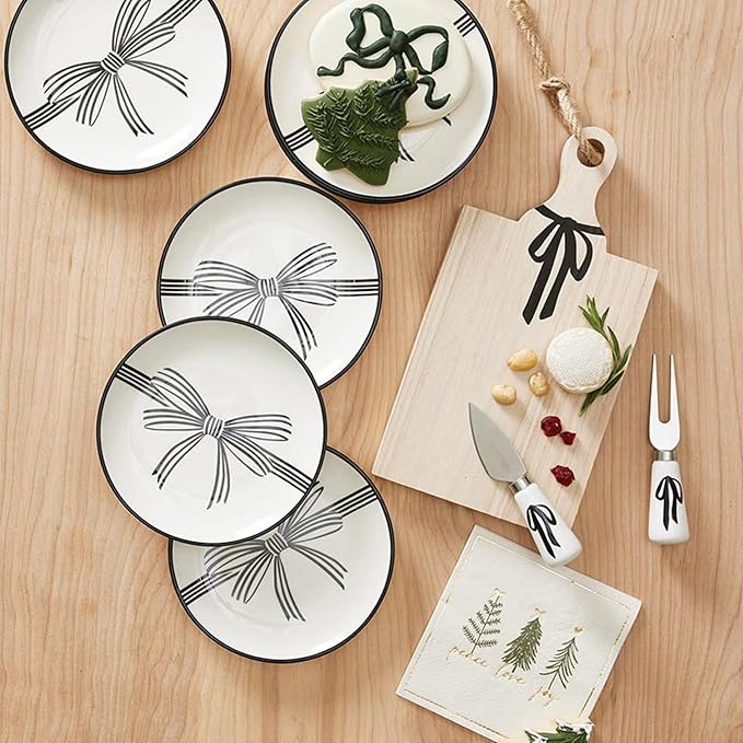 Santa Barbara Design Studio 4-Piece Appetizer Plates Set Black Rim Stamped Ceramic Dessert Plates, 5.25" Diameter, Black Bow