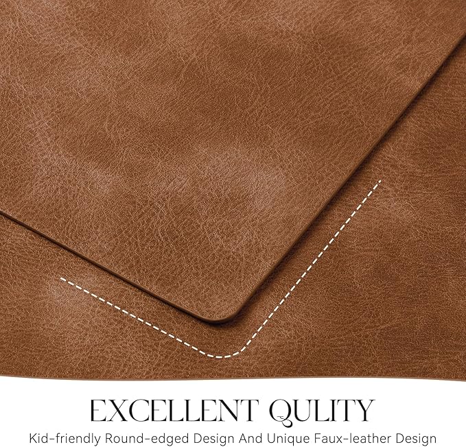 MOSAYT Vinyl Placemats Set of 8-12 X 17 Inch - Winter Faux Leather 100% Waterproof Oil-Proof Wipeable PU Place Mats, Heat Resistant Reversible Table Mats for Kitchen, Dining, Outdoor (Reddish Brown)