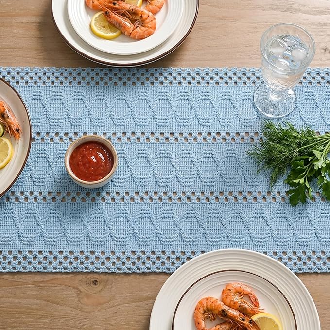 Artoid Mode Sky Blue Farmhouse Woven Rustic Hollow Table Runner, Seasonal Holiday Hollow Kitchen Dining Table Decoration for Home Party Decor 12x60 Inch