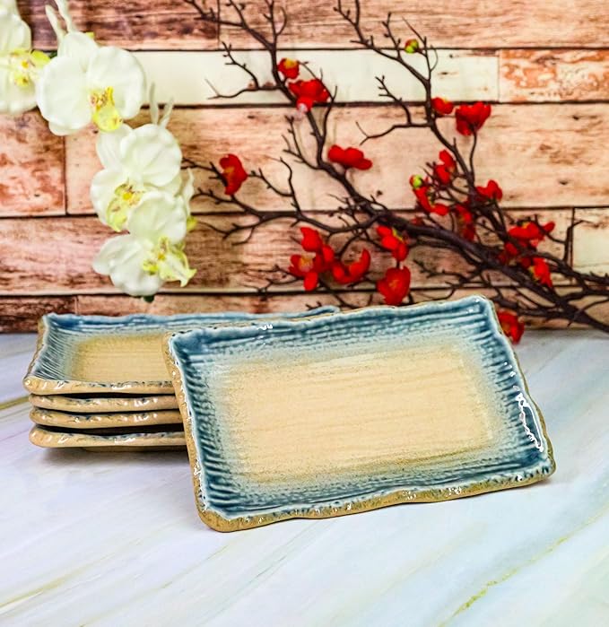 Ebros Gift Artistic Blue River Ao Nagashi Collection Dinnerware Serveware Kitchenware Set Asian Japanese Restaurant Supply (Pack Of 5 Rectangular Wavy Sushi Plates)