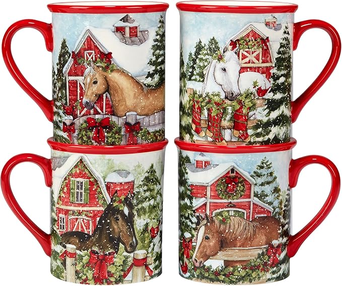 Homestead Christmas 16-Piece Dinnerware Set – Holiday Tableware for 4 with Festive Horse & Barn Scenes – Winter Ceramic Plates, Bowls & Mugs – Farmhouse Country Christmas Décor