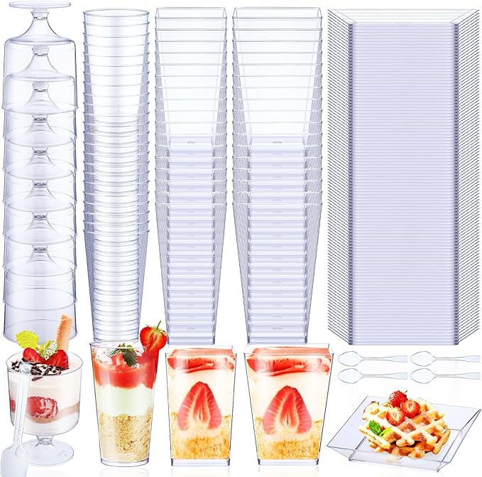 Tanlade 250 Pcs Mini Dessert Cups with Spoons Clear Plastic Plates 5 oz and 3 oz Square Parfait Appetizer Cups for Parties Round Shooter Disposable Dessert Containers for Serving Pudding Mousse
