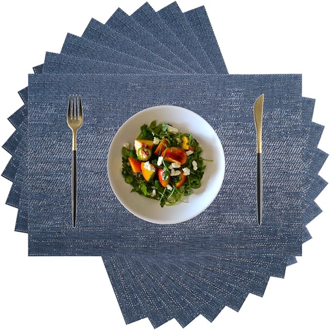 Placemats,PlasticVinyl Washable Heat-Resistant Durable PVC Non-Slip Woven for Kitchen Dining Table Mats (Navy, Set of 8)