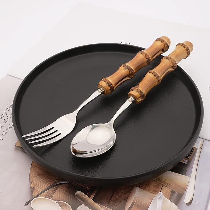 Bamboo Silverware set, 25 PCS Natural Bamboo Flatware Set with Holder, Stainless Steel Forks Spoons and Knives set with Bamboo Handle, Silver Cutlery Set with Stand, Service for 6