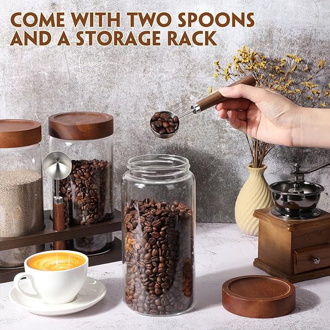 Suclain 3 Pcs Glass Coffee Bean Container 44 oz Airtight Coffee Canister with Shelf and Measuring Spoon Kitchen Food Canister Jar for Sugar Candy (Vintage Style)