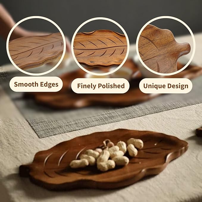 Acacia Wood Decorative Tray - 14" Serving Tray for Candles, Perfume, Leaf Wooden Jewelry Tray Trinket Dish - Farmhouse Table Centerpiece - Wooden Trays for Coffee Table Wedding Home Decor