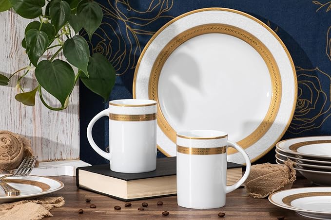Dinnerware Set for 4 - White with Gold Rope Vintage Design - Porcelain Dish Set Tableware Setting with Mug for Every Day Use or Formal Occasions (Rope 2016, 16 PIECE SET)