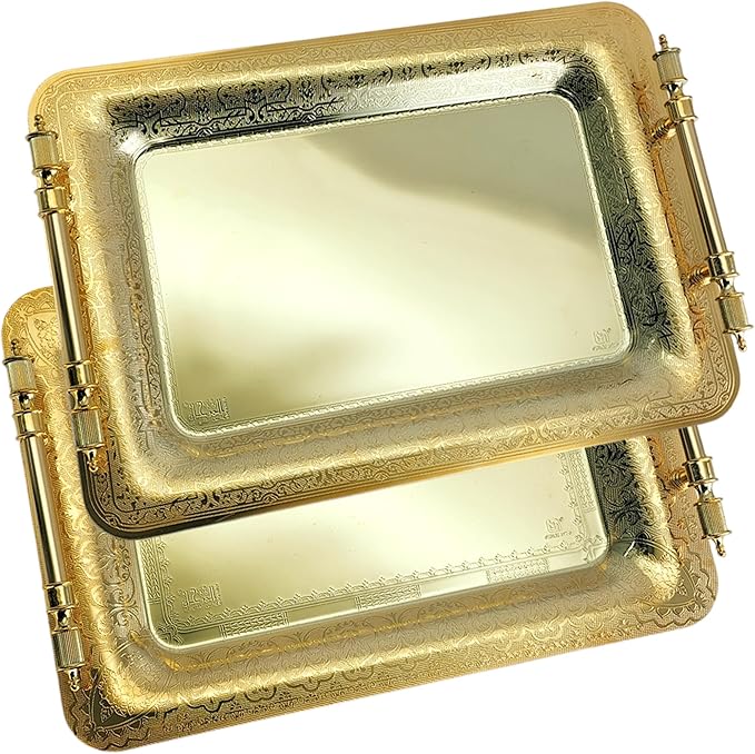 (Pack of 2) 15.7 inch x 11 inch Oblong Iron Gold Plated Mirror Serving Tray with Handles Floral Engraved Decorative Party Birthday Dessert Wine Decor Platter Plate Base Dish NC-014