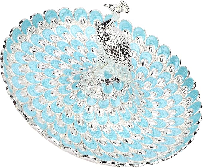 Peacock Shape Fruits Serving Tray, Zinc Alloy Fruits Storage Dish Trinket Decorative Plate with Detachable Peacock, for Vegetables, Snacks, Bread, Candy (Silver Light Blue)