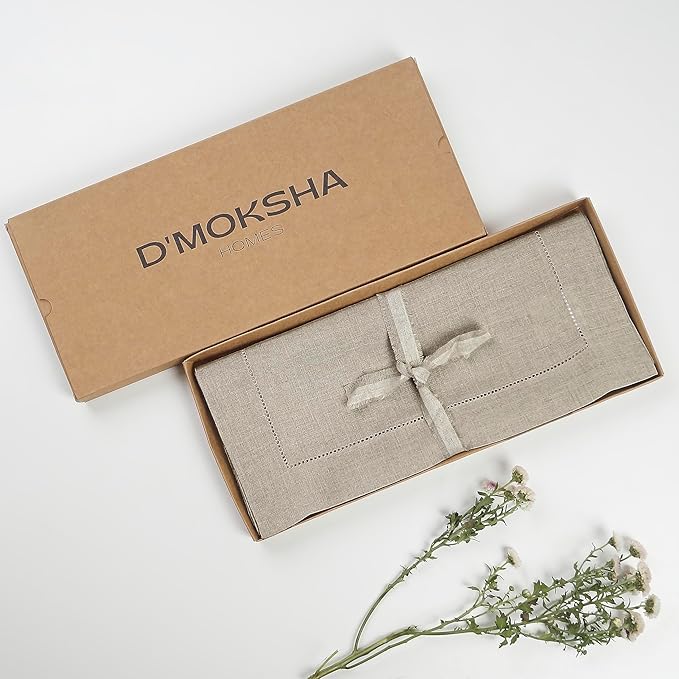 D'Moksha Homes Linen Natural Table Runner 84 Inches Long - 100% Pure Linen Table Runner 14 x 84 Inch for Winter, Christmas, Holiday, New Year - Classic Hemstitch