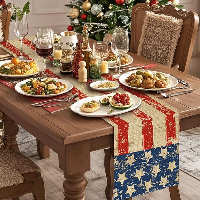 USA Flag 4th of July Table Runner Seasonal Holiday Kitchen Dining Linen Table Decoration for Indoor Outdoor Home Party Decor 13 x 72 Inch