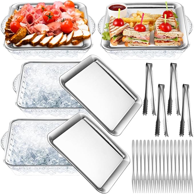 Baderke 9" Chilled Serving Tray for Christmas Parties Ice Chilled Party Platter Charcuterie Serving Board Cold Dish Dip with Forks Tongs for Fruit Seafood Vegetable Appetizer(Silver,4 Set)