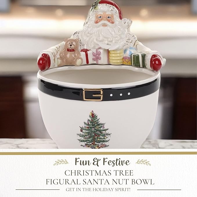 Spode Christmas Tree Santa 9-Inch Nut Bowl – Decorative Earthenware Bowl for Candies, Nuts, Desserts & Holiday Treats – Elegant Christmas Tableware with 22-Karat Gold Accents