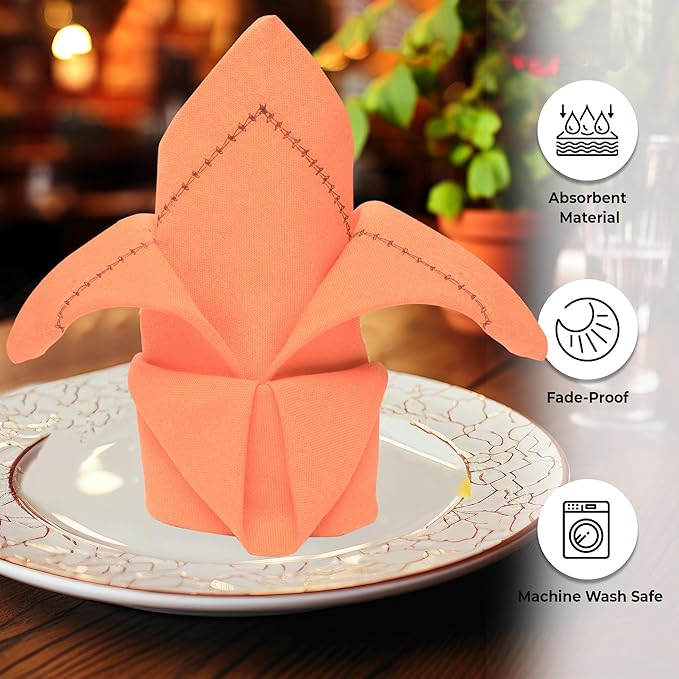 Urban Villa Cloth Napkins Set of 12 20"x20" 100% Cotton Hemstitch Napkins Cloth Washable Durable Reusable Absorbent Table Dinner Napkins Cloth for Hotel Lunch Restaurant Weddings Parties–Orange Black