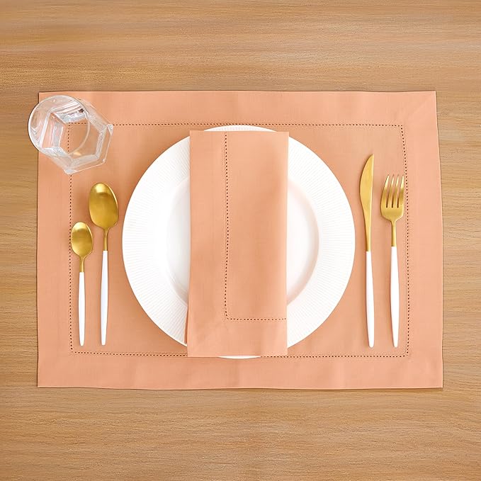 Solino Home Cotton Linen Napkins Set of 4 - Hemstitch Peach Bloom Dinner Napkins Cloth 20 x 20 Inch for Valentines, Spring, Easter - Handcrafted and Machine Washable
