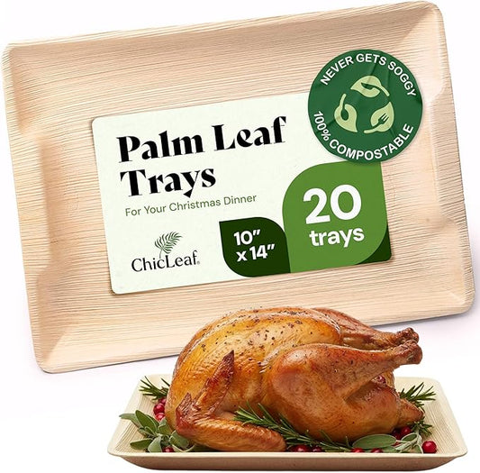 Chic Leaf 10x14 Disposable Charcuterie Boards, 20 Pack - Oval Palm Leaf Trays for Christmas & Holiday Parties - Heavy Duty Serving Platters for Fruit, Cheese, & Cookie Display - Microwaveable