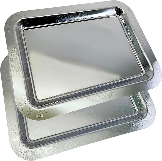 (Pack of 2) 20 inch x 14.4 inch Oblong Chrome Plated Serving Tray Stylish Design Floral Engraved Edge Decorative Party Wedding Dessert Buffet Décor Wine Platter Plate NC-064