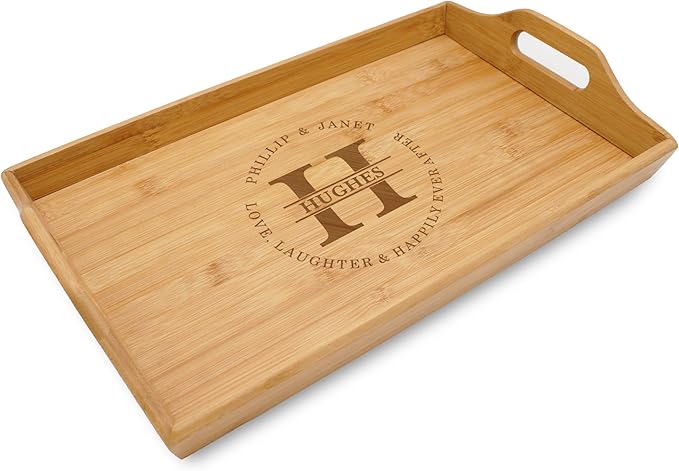 Personalized Bamboo Wood Serving Tray with Handles, Engraved Wooden Trays, Wedding Gifts, Housewarming Gifts (Campbell)