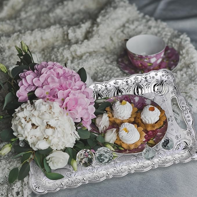 LemonRoad 6 Packs Plastic Silver Serving Trays with Handles 17 x 11 Inch Retro Vintage Embossing Rectangle Reusable Party Snack Decorative Serving Trays for Tea Coffee Fruit Dessert