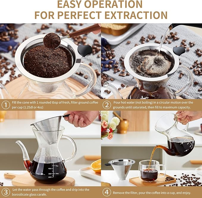 Pour Over Coffee Dripper, Fine Mesh Double Layer Stainless Steel Coffee Filter, Metal Cone Pour Over Coffee Filter Single Cup Coffee Maker 1-2 Cup