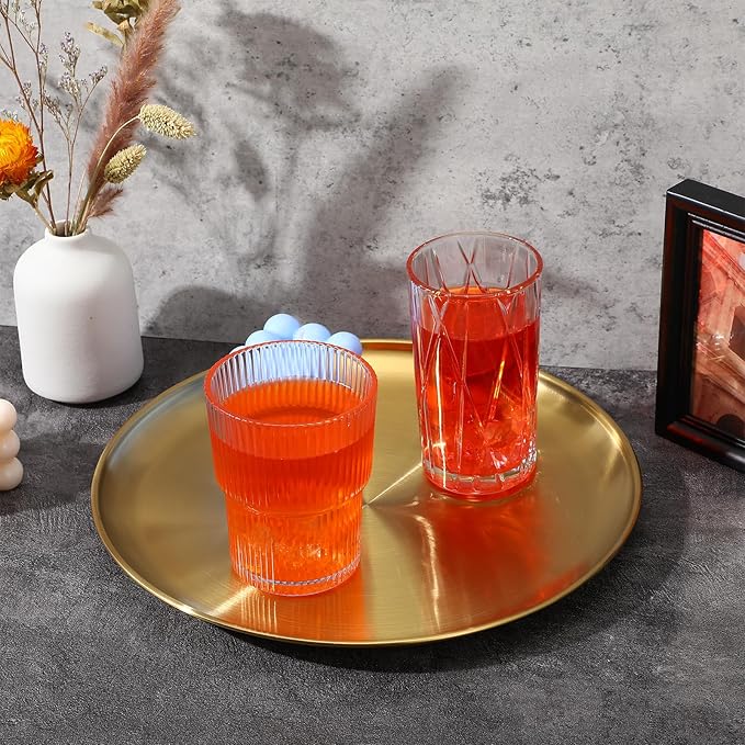 6 Pcs Gold Serving Trays, 12 Inch Stainless Steel Round Decorative Serving Table Food Circle Tray for Coffee Bar Home Bathroom Candle Wedding Party Makeup Organizer Perfume Countertop