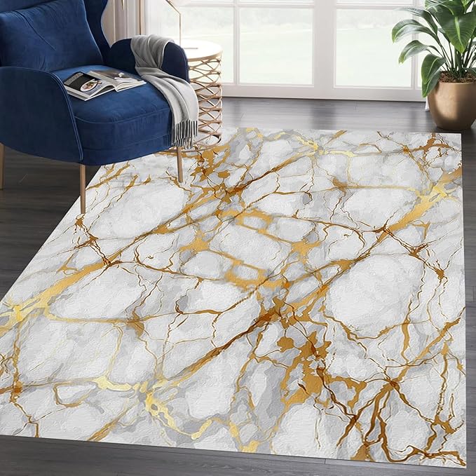 Modern Luxury Abstract Marble Area Rugs for Living Room Bedroom Dining Room Non-Slip Washable Floor Mat Low Pile Stain Resistant Soft Carpet Art Decor 9x12 Gold White