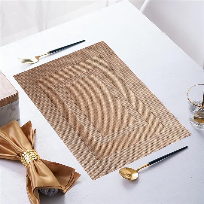 Placemats,PlasticVinyl Washable Heat-Resistant Durable PVC Non-Slip Woven for Kitchen Dining Table Mats (Set of 6, Champagne)