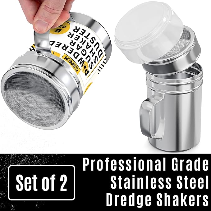 CUSINIUM 6 Ounce Mini Powder Sugar Shaker With Handle - Fine Mesh - With Plastic Cap - Pack of 2